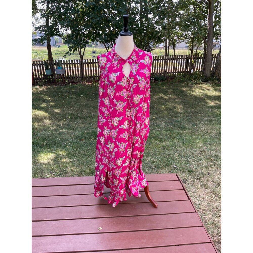 Betsy Lauren 16W Pink Floral Sleeveless Maxi Dress Keyhole Neckline Boho Y2K